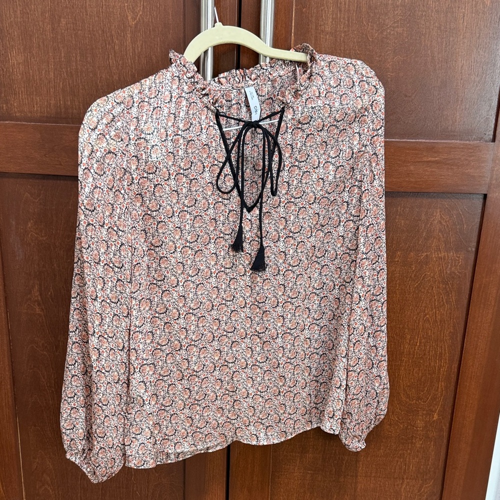 Mango Pink Floral Tie-Neck Blouse with Black Tassels